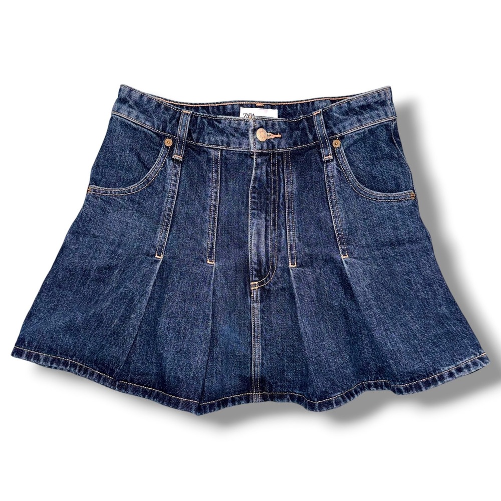 Zara Denim Skirt Women Size‎ S Dark Blue Pleated Skater Mini Skirt